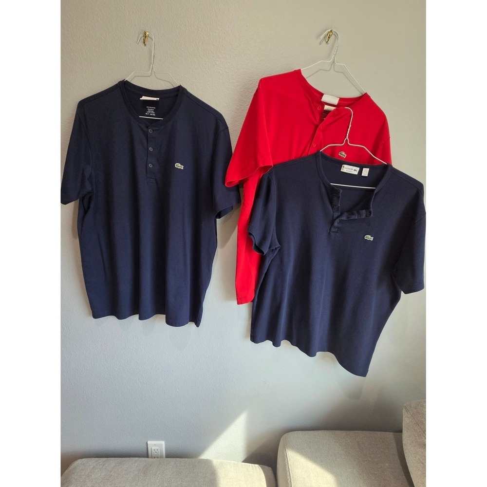 Lacoste Henley Shirt Men XXL 3 Pack Navy Red Pima Cotton Pique Logo Excellent